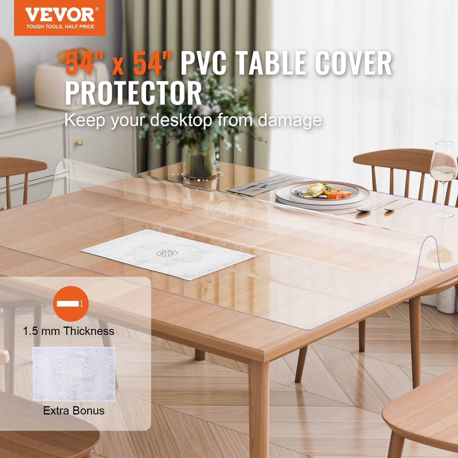 Audio Accessories: VEVOR Plastic Table Cover, 54 x 54 Inch 1.5 mm Thick Clear Table Protector, Square PVC Desk Mat, Waterproof & Easy Cleaning Desk Pad Tablecloth, for Office Dresser Dining Room Table Night Stand