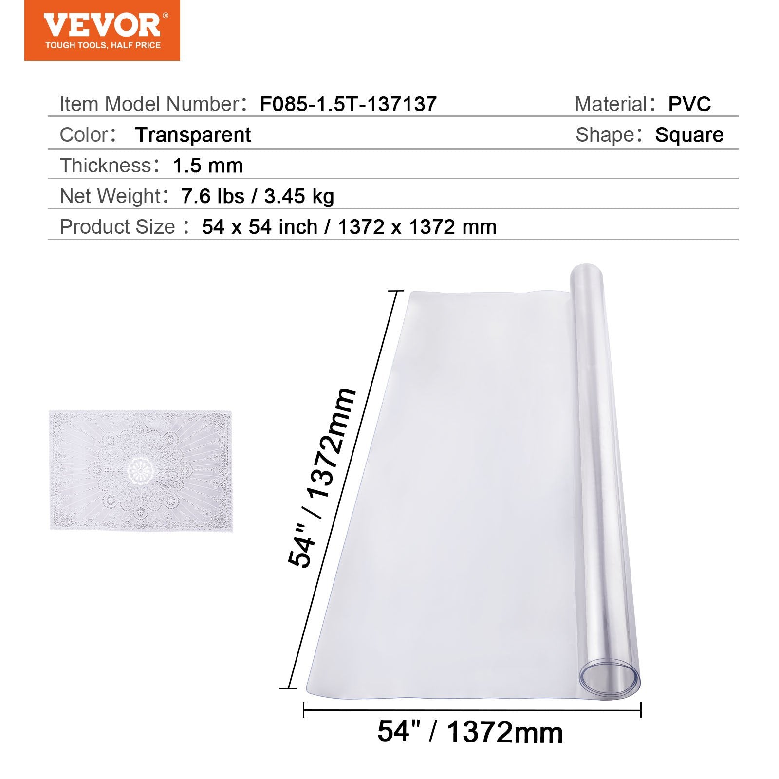 Audio Accessories: VEVOR Plastic Table Cover, 54 x 54 Inch 1.5 mm Thick Clear Table Protector, Square PVC Desk Mat, Waterproof & Easy Cleaning Desk Pad Tablecloth, for Office Dresser Dining Room Table Night Stand
