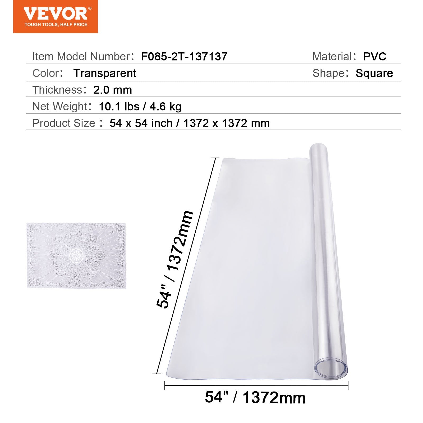 Audio Accessories: VEVOR Plastic Table Cover, 54 x 54 Inch 2.0 mm Thick Clear Table Protector, Square PVC Desk Mat, Waterproof & Easy Cleaning Desk Pad Tablecloth, for Office Dresser Dining Room Table Night Stand