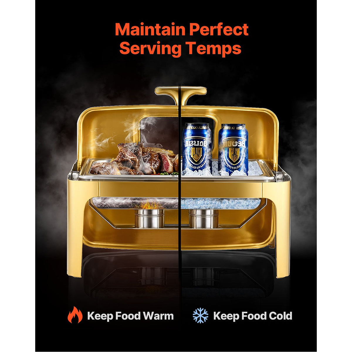 Roll Top Chafing Dish Buffet Complete Set, 9Qt Stainless Steel Chafer with Full Size Pan, Rectangle Catering Warmer Server with Visible Lid Water Pan Folding Stand Fuel Holder Meal Clip, Gold