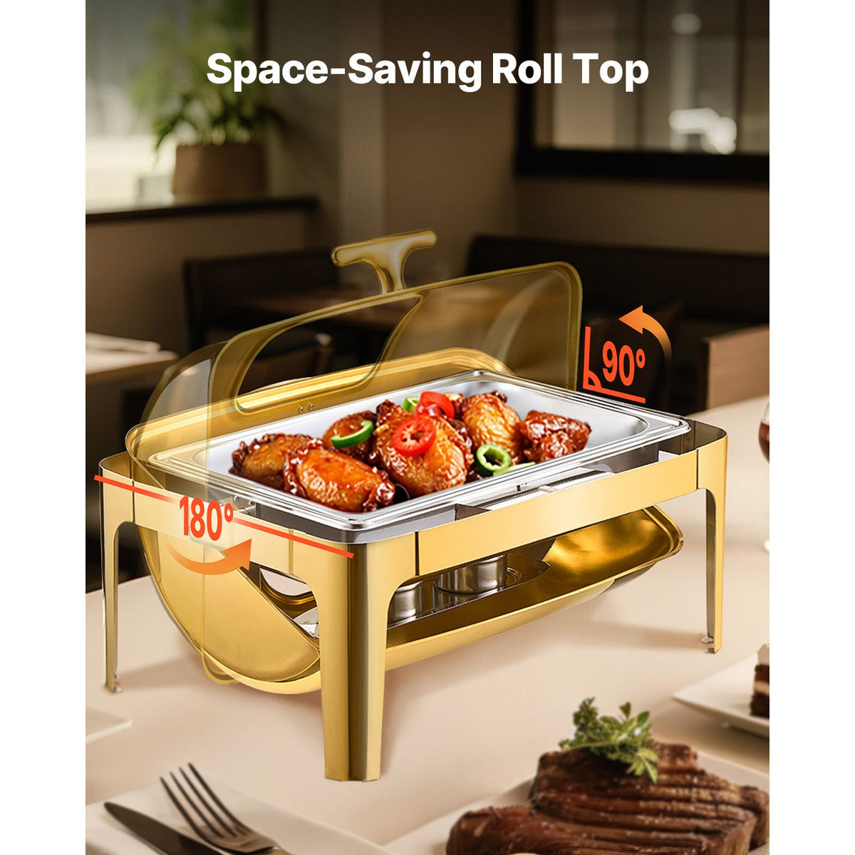 Roll Top Chafing Dish Buffet Complete Set, 9Qt Stainless Steel Chafer with Full Size Pan, Rectangle Catering Warmer Server with Visible Lid Water Pan Folding Stand Fuel Holder Meal Clip, Gold