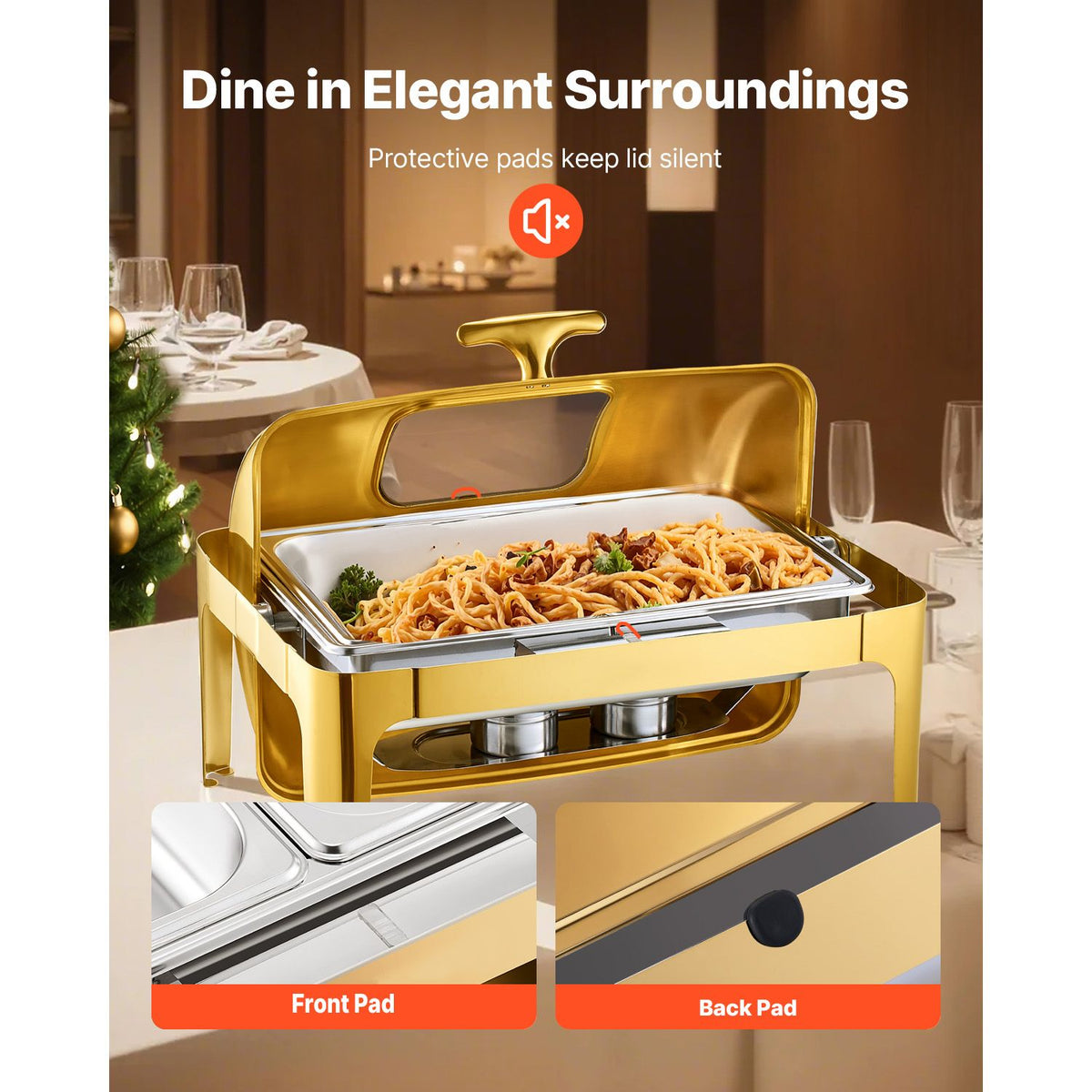Roll Top Chafing Dish Buffet Complete Set, 9Qt Stainless Steel Chafer with Full Size Pan, Rectangle Catering Warmer Server with Visible Lid Water Pan Folding Stand Fuel Holder Meal Clip, Gold