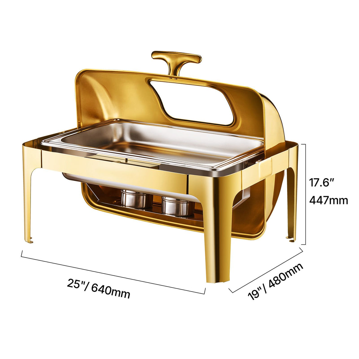 Roll Top Chafing Dish Buffet Complete Set, 9Qt Stainless Steel Chafer with Full Size Pan, Rectangle Catering Warmer Server with Visible Lid Water Pan Folding Stand Fuel Holder Meal Clip, Gold