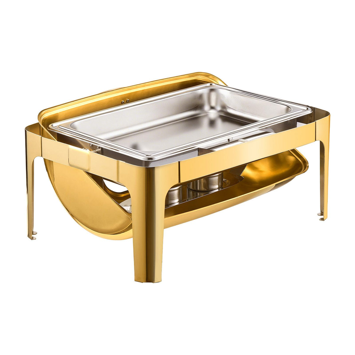 Roll Top Chafing Dish Buffet Complete Set, 9Qt Stainless Steel Chafer with Full Size Pan, Rectangle Catering Warmer Server with Visible Lid Water Pan Folding Stand Fuel Holder Meal Clip, Gold