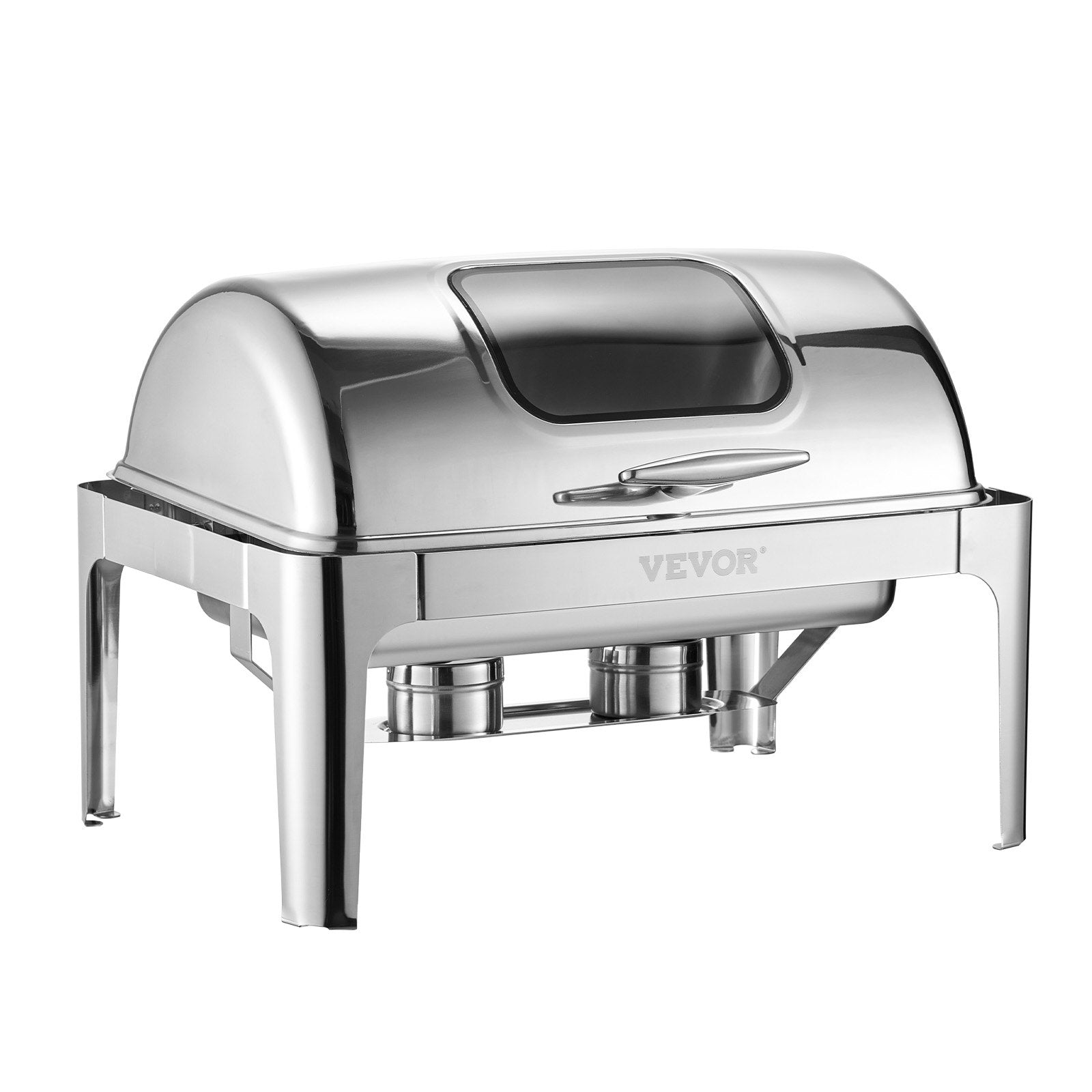Food Warmers & Chafing Dishes: VEVOR Roll Top Chafing Dish Buffet Complete Set, 9 Qt 1 Pack Stainless Steel Chafer with 2 Half Size Pans, Rectangle Catering Warmer Server with Visible Lid Water Pan Folding Stand Fuel Holder, Silver
