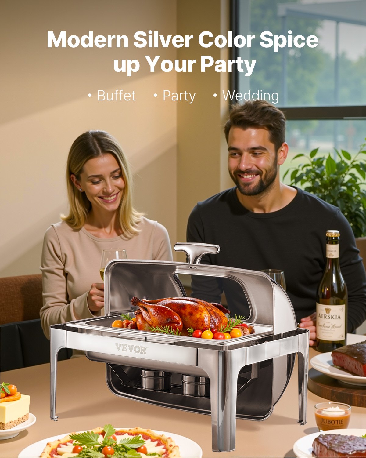 Food Warmers & Chafing Dishes: VEVOR Roll Top Chafing Dish Buffet Complete Set, 9 Qt 1 Pack Stainless Steel Chafer with 2 Half Size Pans, Rectangle Catering Warmer Server with Visible Lid Water Pan Folding Stand Fuel Holder, Silver