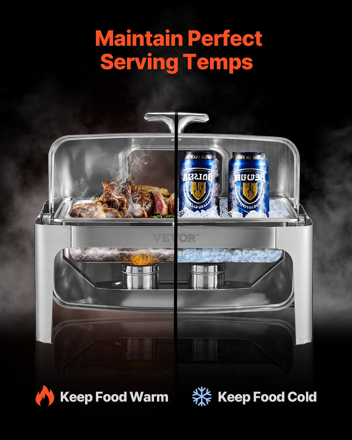 Food Warmers & Chafing Dishes: VEVOR Roll Top Chafing Dish Buffet Complete Set, 9 Qt 1 Pack Stainless Steel Chafer with 2 Half Size Pans, Rectangle Catering Warmer Server with Visible Lid Water Pan Folding Stand Fuel Holder, Silver
