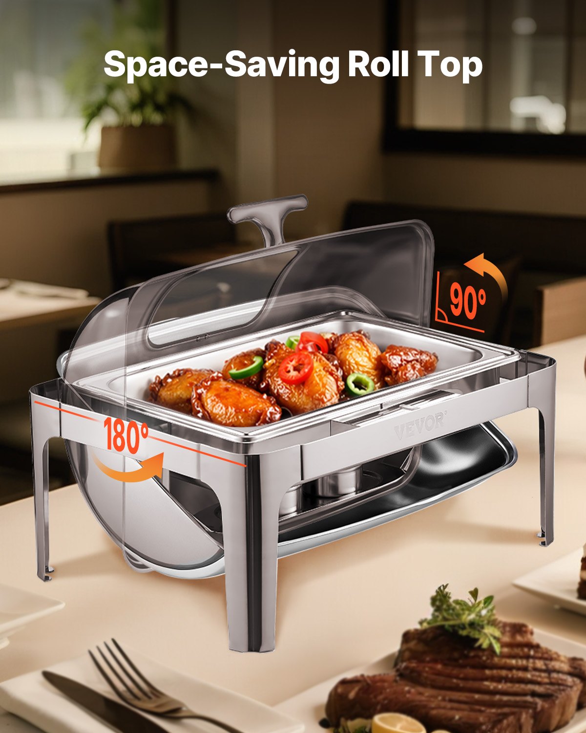 Food Warmers & Chafing Dishes: VEVOR Roll Top Chafing Dish Buffet Complete Set, 9 Qt 1 Pack Stainless Steel Chafer with 2 Half Size Pans, Rectangle Catering Warmer Server with Visible Lid Water Pan Folding Stand Fuel Holder, Silver