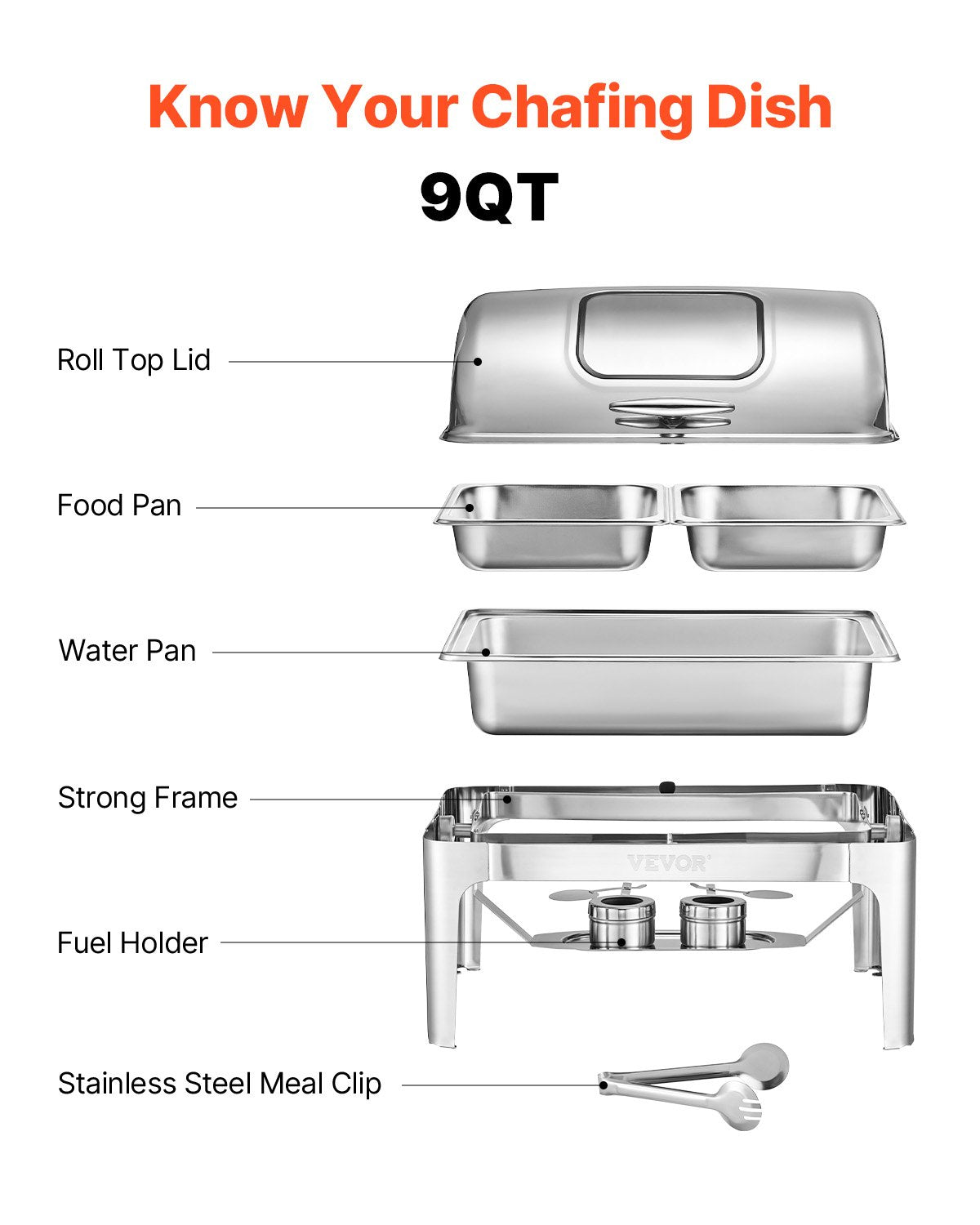 Food Warmers & Chafing Dishes: VEVOR Roll Top Chafing Dish Buffet Complete Set, 9 Qt 1 Pack Stainless Steel Chafer with 2 Half Size Pans, Rectangle Catering Warmer Server with Visible Lid Water Pan Folding Stand Fuel Holder, Silver