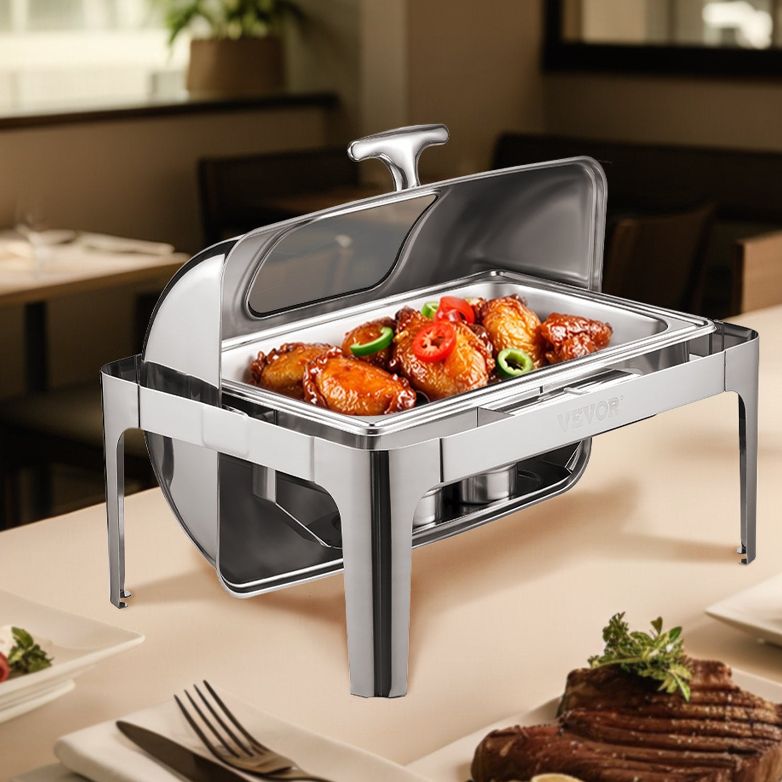Food Warmers & Chafing Dishes: VEVOR Roll Top Chafing Dish Buffet Complete Set, 9 Qt 1 Pack Stainless Steel Chafer with 2 Half Size Pans, Rectangle Catering Warmer Server with Visible Lid Water Pan Folding Stand Fuel Holder, Silver