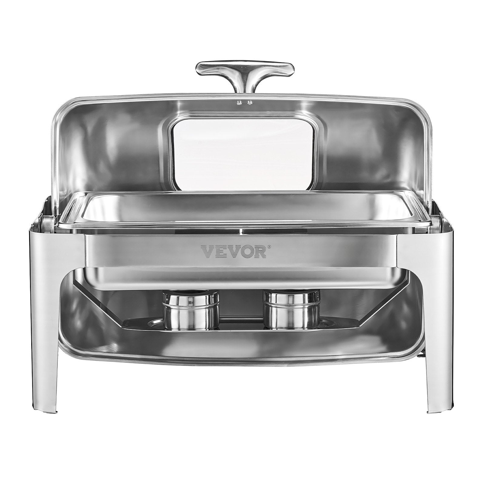 Food Warmers & Chafing Dishes: VEVOR Roll Top Chafing Dish Buffet Complete Set, 9 Qt 1 Pack Stainless Steel Chafer with 2 Half Size Pans, Rectangle Catering Warmer Server with Visible Lid Water Pan Folding Stand Fuel Holder, Silver