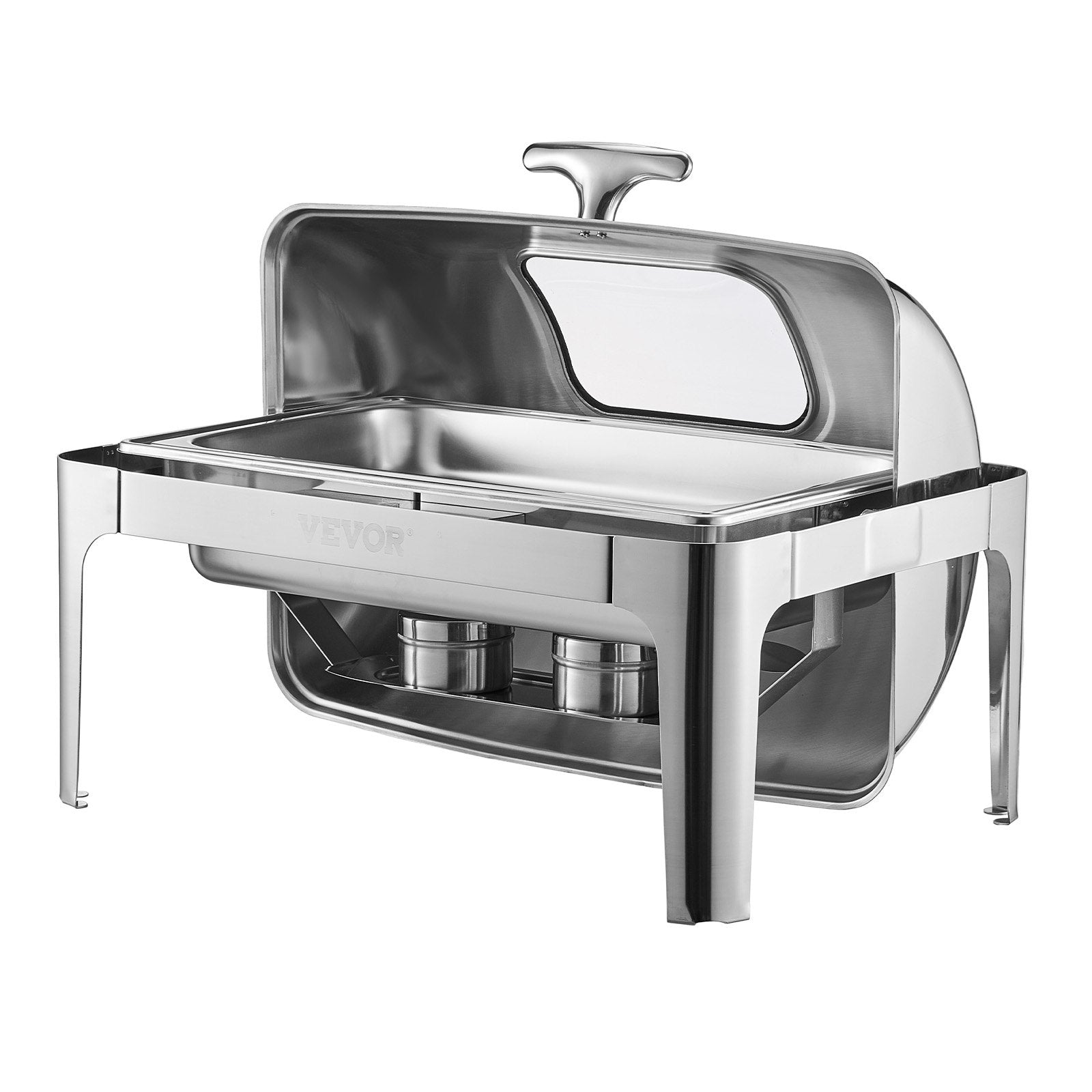 Food Warmers & Chafing Dishes: VEVOR Roll Top Chafing Dish Buffet Complete Set, 9 Qt 1 Pack Stainless Steel Chafer with 2 Half Size Pans, Rectangle Catering Warmer Server with Visible Lid Water Pan Folding Stand Fuel Holder, Silver