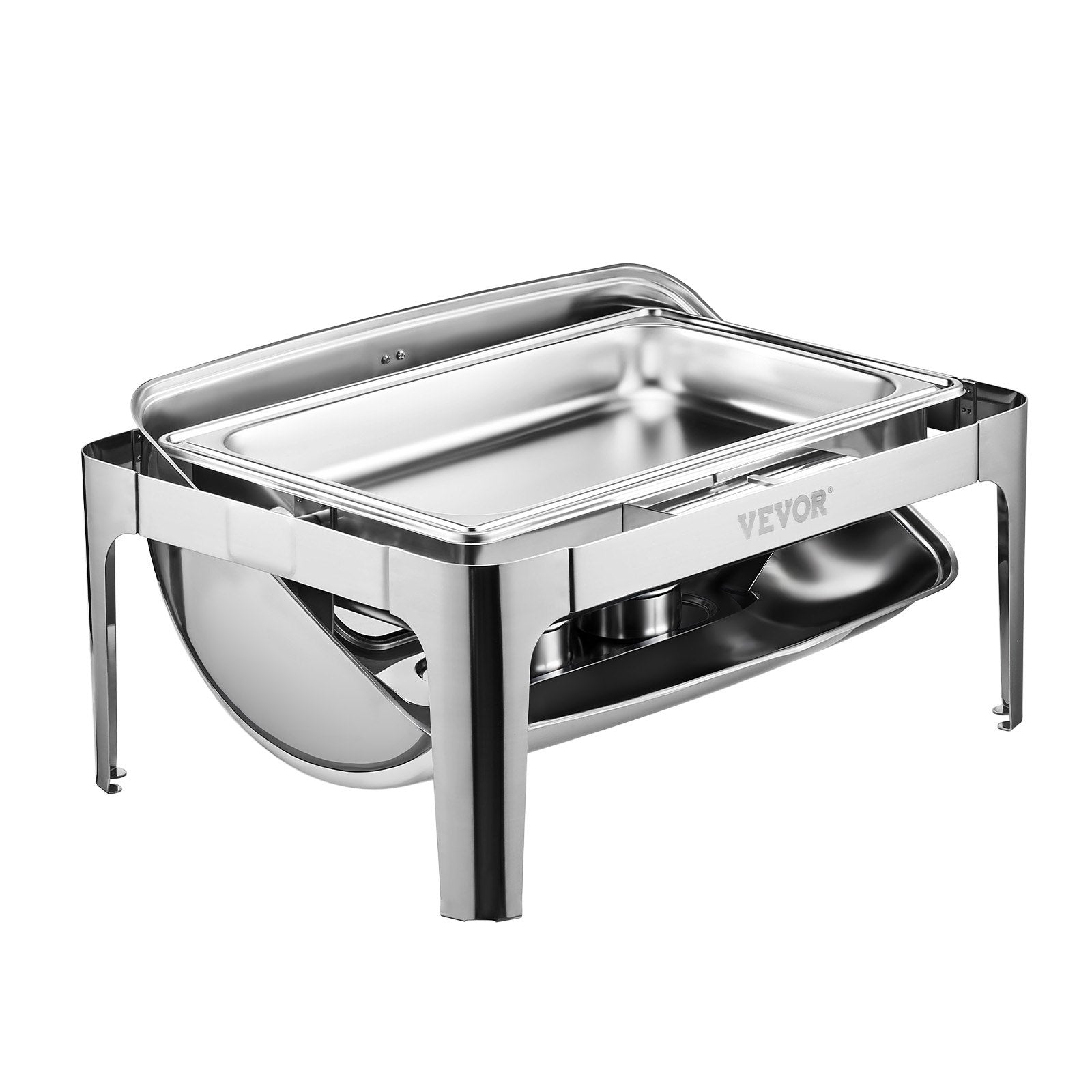 Food Warmers & Chafing Dishes: VEVOR Roll Top Chafing Dish Buffet Complete Set, 9 Qt 1 Pack Stainless Steel Chafer with 2 Half Size Pans, Rectangle Catering Warmer Server with Visible Lid Water Pan Folding Stand Fuel Holder, Silver
