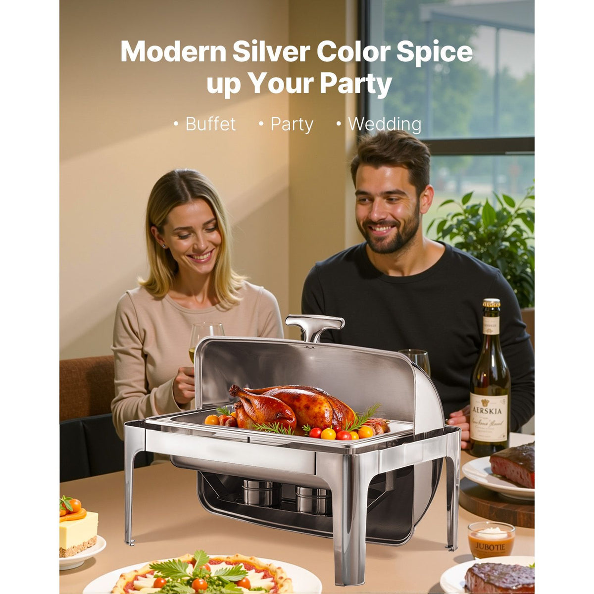 Roll Top Chafing Dish Buffet Complete Set, 9Qt Stainless Steel Chafer with Full Size Pan, Rectangle Catering Warmer Server with Lid Water Pan Folding Stand Fuel Holder Meal Clip, Silver