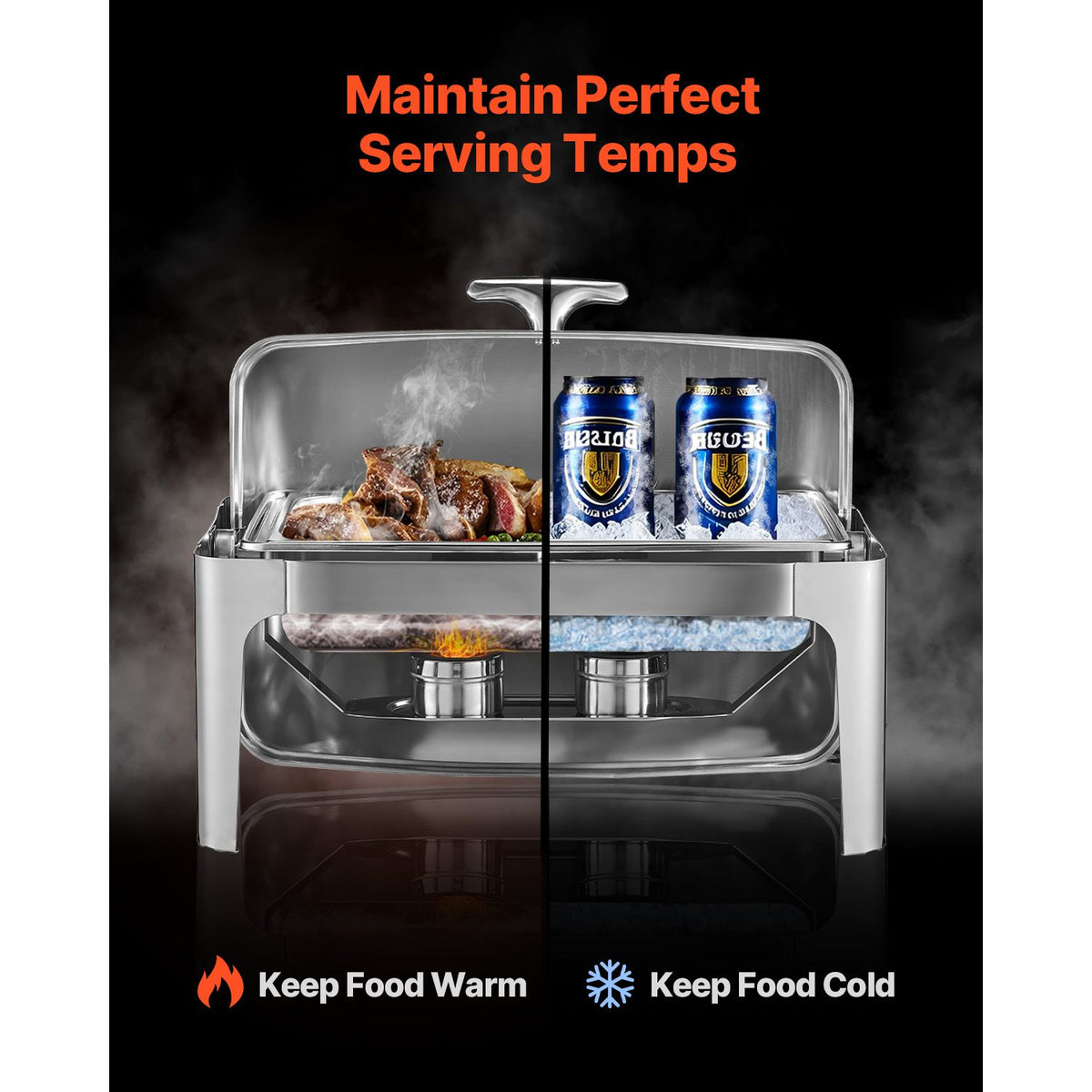 Roll Top Chafing Dish Buffet Complete Set, 9Qt Stainless Steel Chafer with Full Size Pan, Rectangle Catering Warmer Server with Lid Water Pan Folding Stand Fuel Holder Meal Clip, Silver