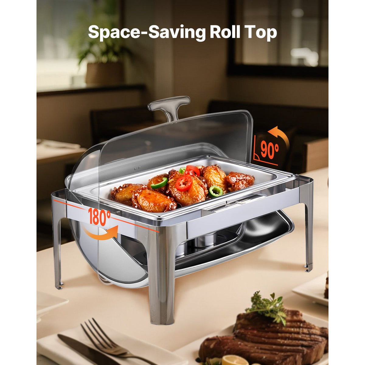 Roll Top Chafing Dish Buffet Complete Set, 9Qt Stainless Steel Chafer with Full Size Pan, Rectangle Catering Warmer Server with Lid Water Pan Folding Stand Fuel Holder Meal Clip, Silver