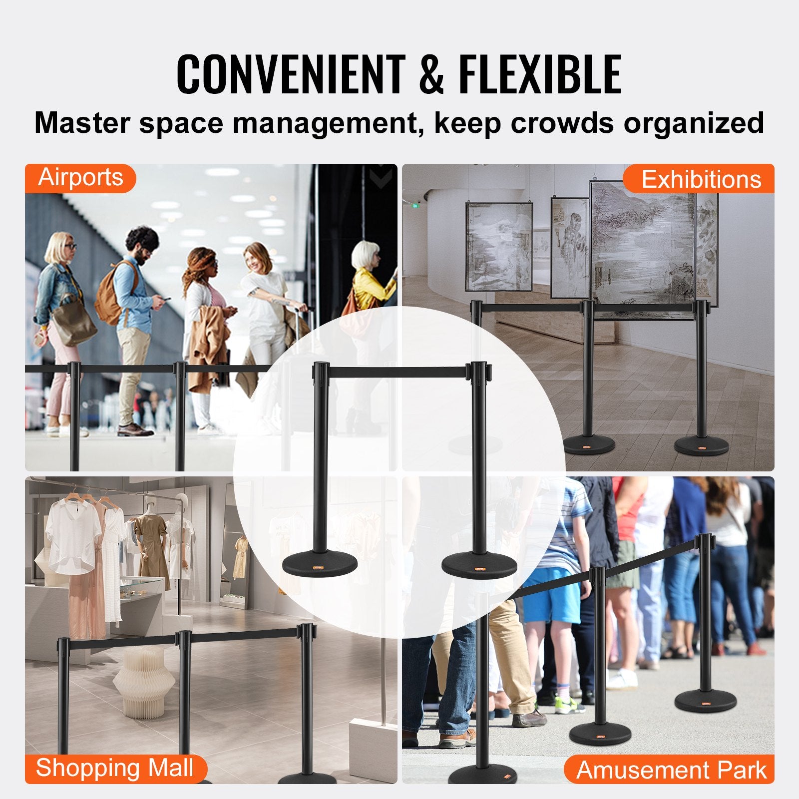 Crowd Control Stanchions, 2-Pack Crowd Control Barriers with 6.5FT Black Retractable Belt, Plastic Stanchion Queue Post, Belt Barriers Line Divider Stanchion Set for Party, Airport, Exhibition