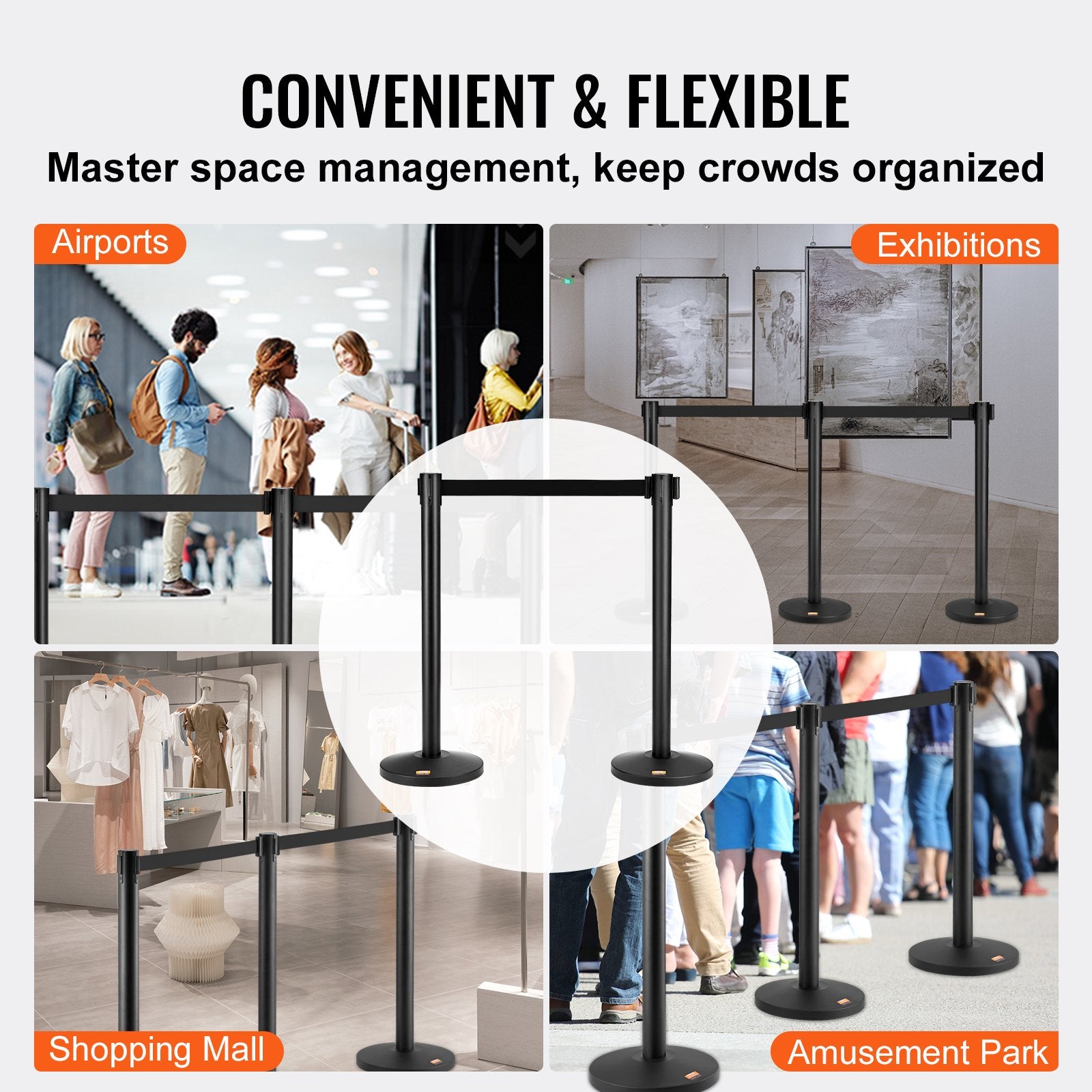 Building Toys: VEVOR Crowd Control Stanchions, 2-Pack Crowd Control Barriers, Carbon Steel Baking Painted Stanchion Queue Post with 11FT Black Retractable Belt, Belt Barriers Line Divider for Exhibition, Airport
