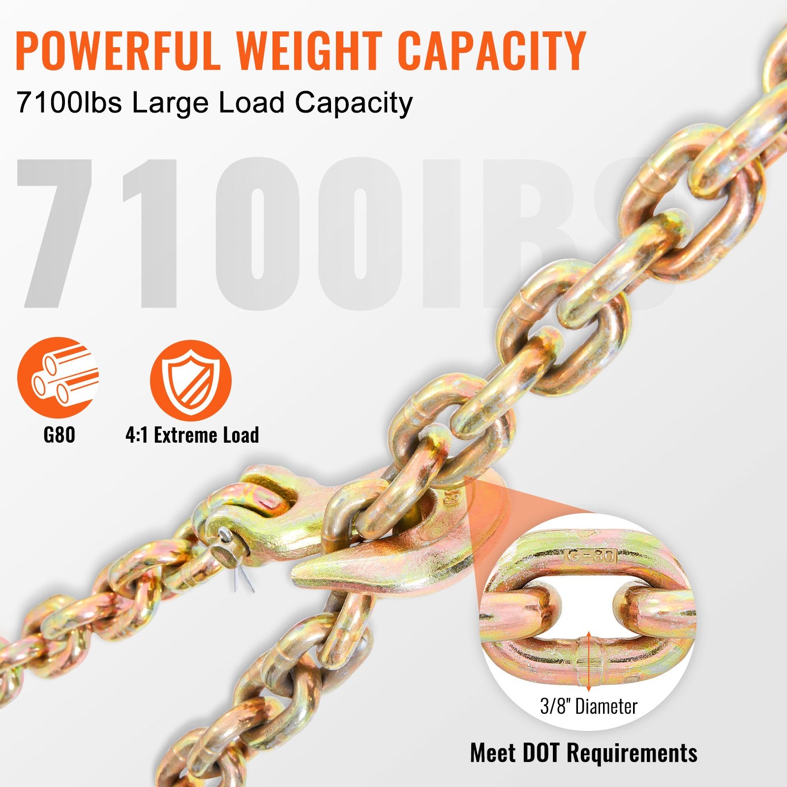 Building Materials: VEVOR Transport Binder Chain, 220 kg Working Load Limit, 3/8'' x 20' G80 Tow Chain Tie Down with Grab Hooks, DOT Certified, Galvanized Coating Manganese Steel for Dock Factory Construction Site