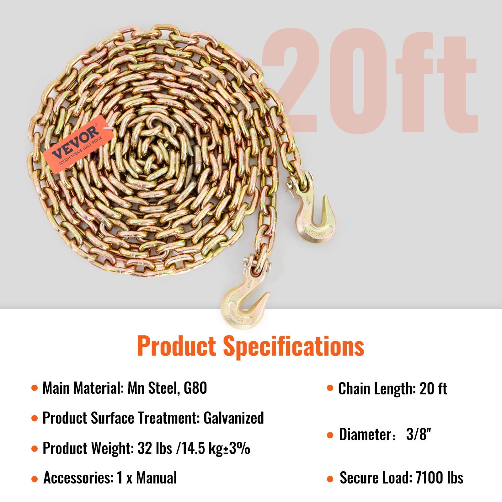 Building Materials: VEVOR Transport Binder Chain, 220 kg Working Load Limit, 3/8'' x 20' G80 Tow Chain Tie Down with Grab Hooks, DOT Certified, Galvanized Coating Manganese Steel for Dock Factory Construction Site