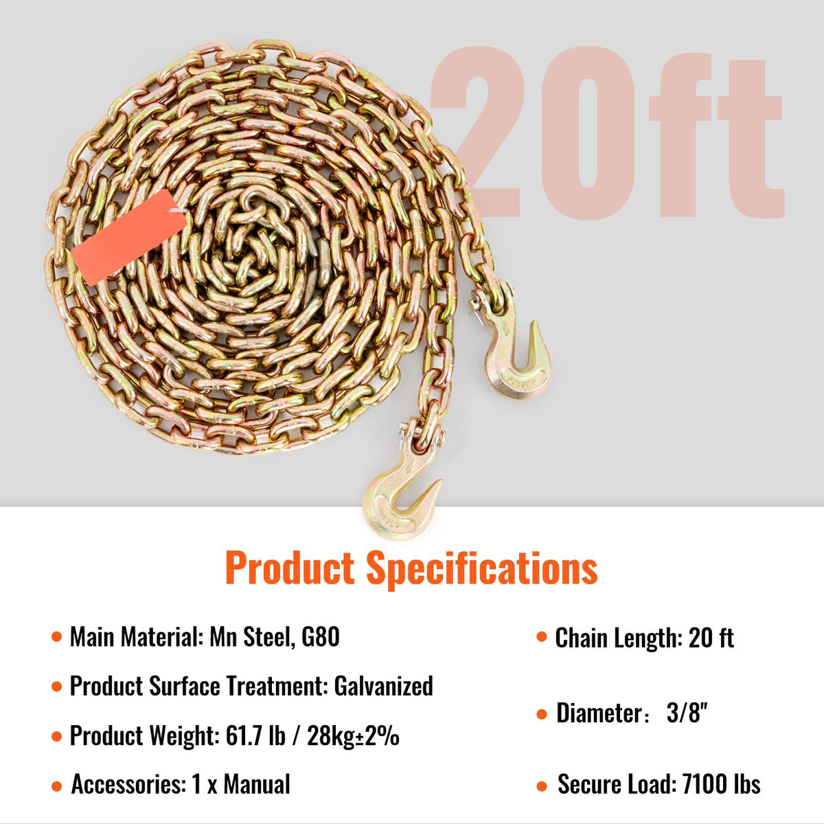 Transport Binder Chain, 3220 kg Working Load Limit, 3/8''x20' G80 Tow Chain Tie Down with Grab Hooks, DOT Certified, Galvanized Coating Manganese Steel for Dock Factory Construction Site, 2 Pack