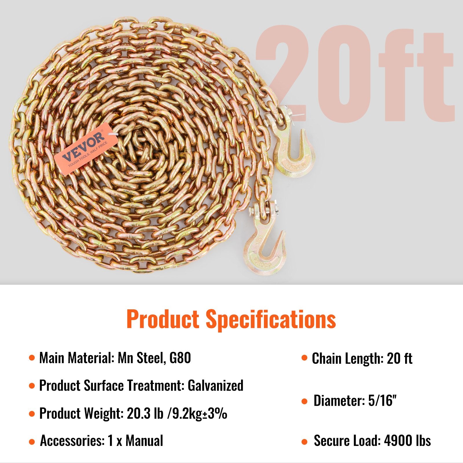 Packaging Tape: VEVOR Transport Binder Chain, 2222 kg Working Load Limit, G80 Tow Chain Tie Down with Grab Hooks, DOT Certified, Galvanized Coating Manganese Steel for Dock Factory Construction Site