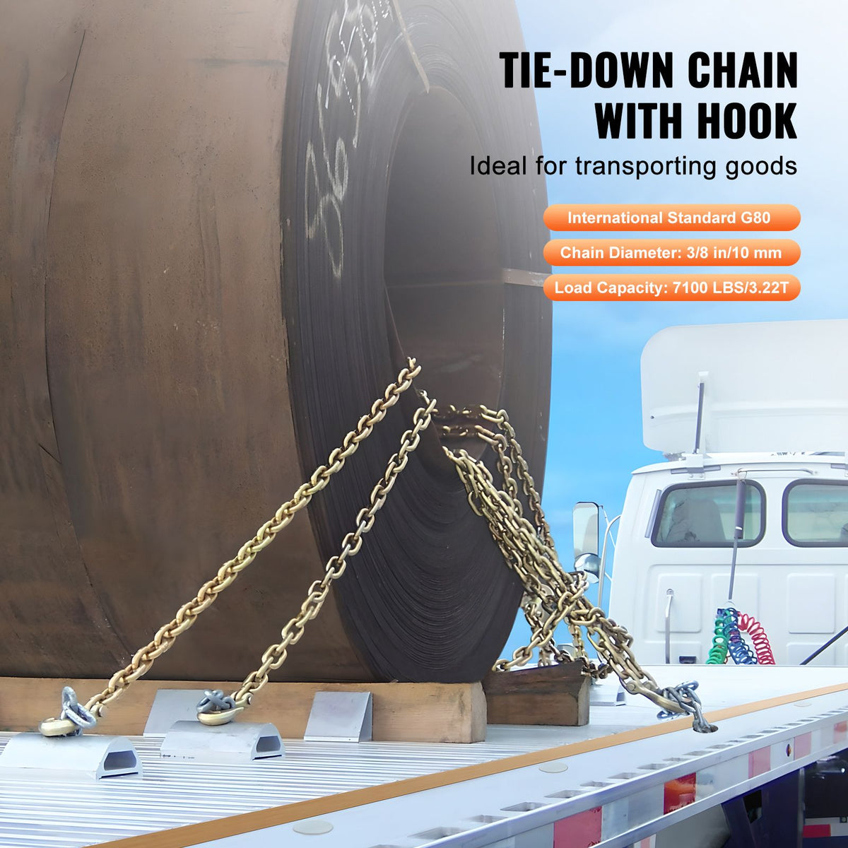 G80 Transport Binder Chain, 10 mm x 316 cm 2-Pack Tow Chain with Clevis Grab Hooks, 3.22T Safe Working Load, Heavy Duty Logging Chain for Transporting Towing Truck Tie Down Binding Equipment