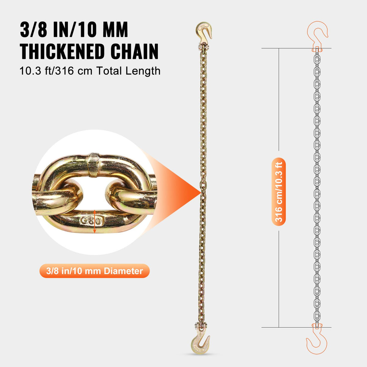 G80 Transport Binder Chain, 10 mm x 316 cm 2-Pack Tow Chain with Clevis Grab Hooks, 3.22T Safe Working Load, Heavy Duty Logging Chain for Transporting Towing Truck Tie Down Binding Equipment