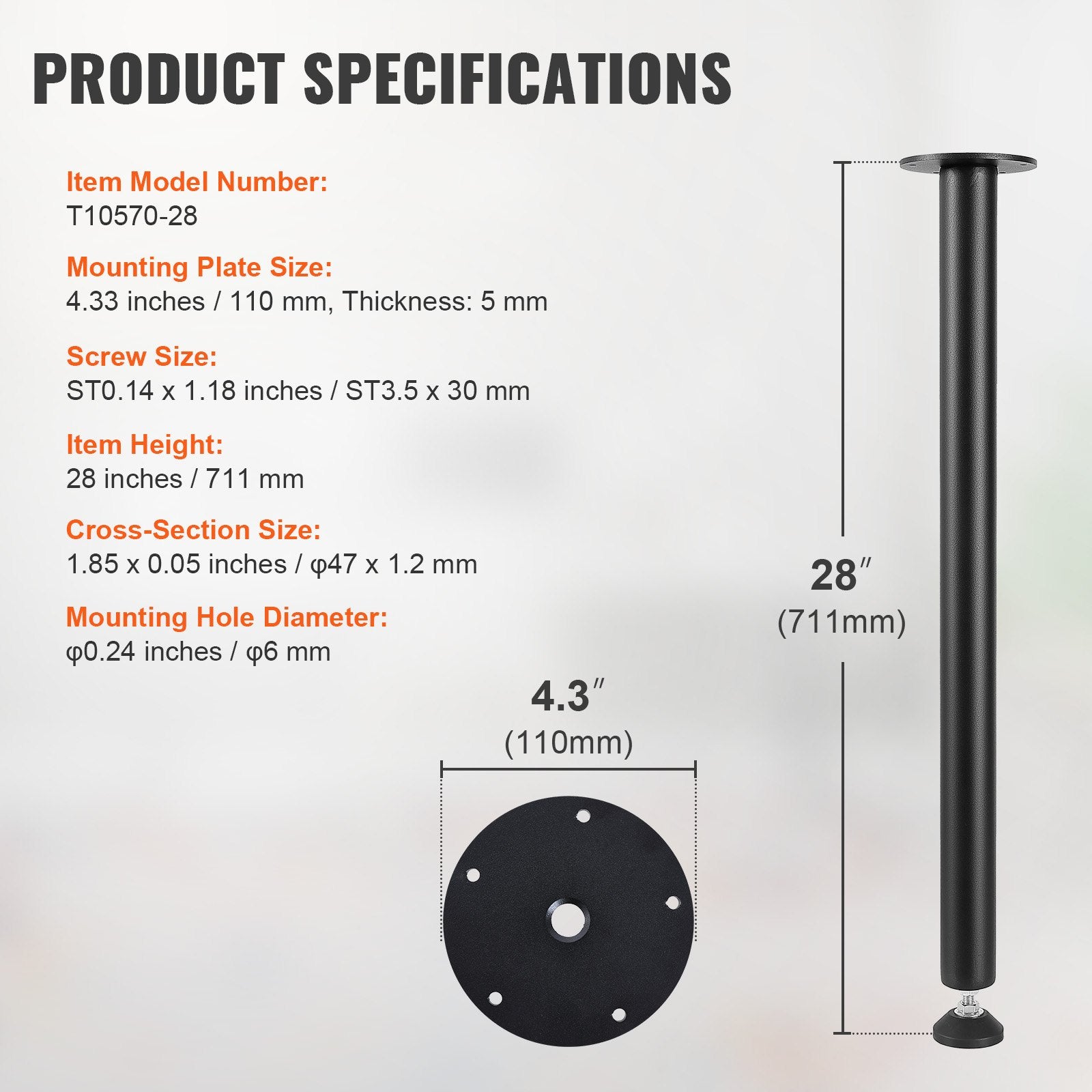 Table Tops & Bases: VEVOR 711.2MM Adjustable Desk Legs, Reinforced Steel Office Table Furniture legs Set of 4 for DIY, 544.3KG Load Capacity Heavy Duty Desk Legs, Quick Instalation Legs with Adjustable Foot Cup Black