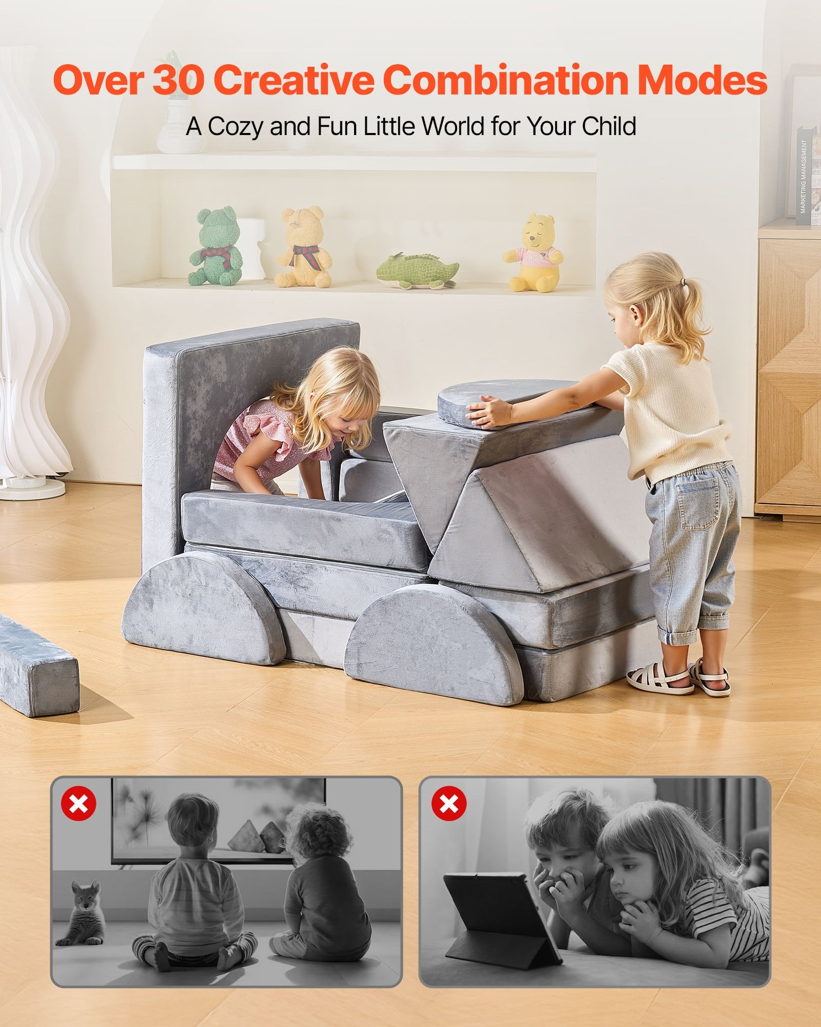 Pretend Play: VEVOR Modular Kids Play Couch, Sectional Toddler Sofa with Armrests, 28D Sponge & Short Pile, Convertible Kids Modular Couch DIY Creative Combination for Playroom, Bedroom, Living Room, 14 Pcs, Gray