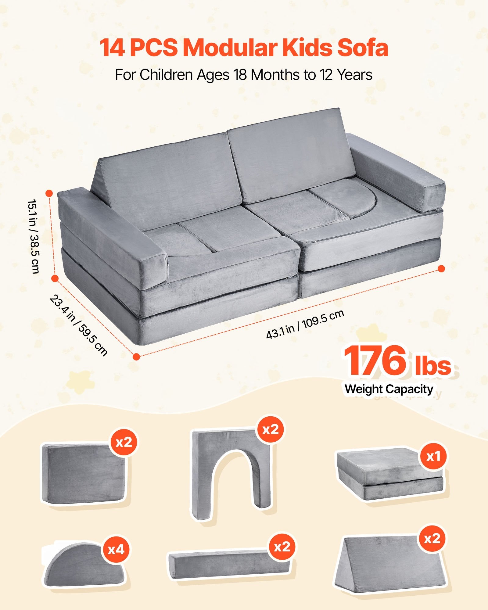 Pretend Play: VEVOR Modular Kids Play Couch, Sectional Toddler Sofa with Armrests, 28D Sponge & Short Pile, Convertible Kids Modular Couch DIY Creative Combination for Playroom, Bedroom, Living Room, 14 Pcs, Gray