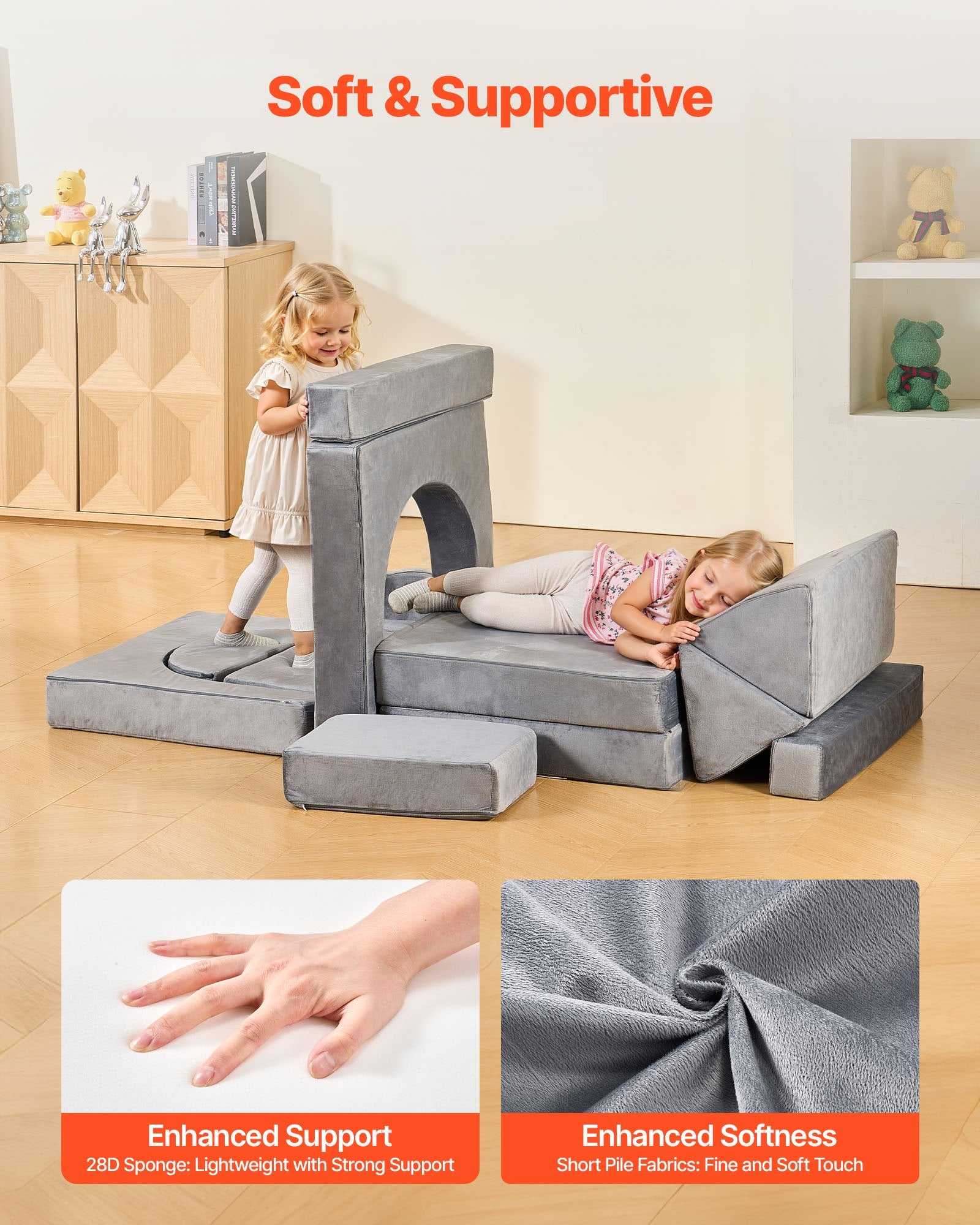 Pretend Play: VEVOR Modular Kids Play Couch, Sectional Toddler Sofa with Armrests, 28D Sponge & Short Pile, Convertible Kids Modular Couch DIY Creative Combination for Playroom, Bedroom, Living Room, 14 Pcs, Gray