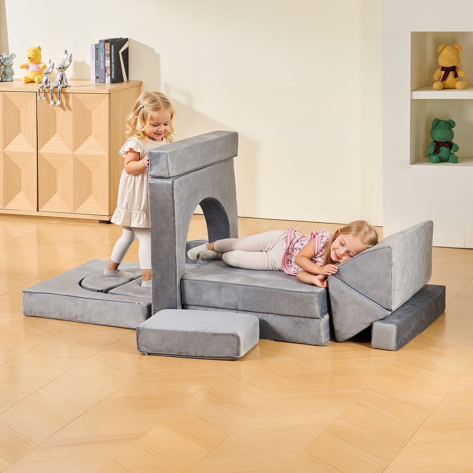 Pretend Play: VEVOR Modular Kids Play Couch, Sectional Toddler Sofa with Armrests, 28D Sponge & Short Pile, Convertible Kids Modular Couch DIY Creative Combination for Playroom, Bedroom, Living Room, 14 Pcs, Gray