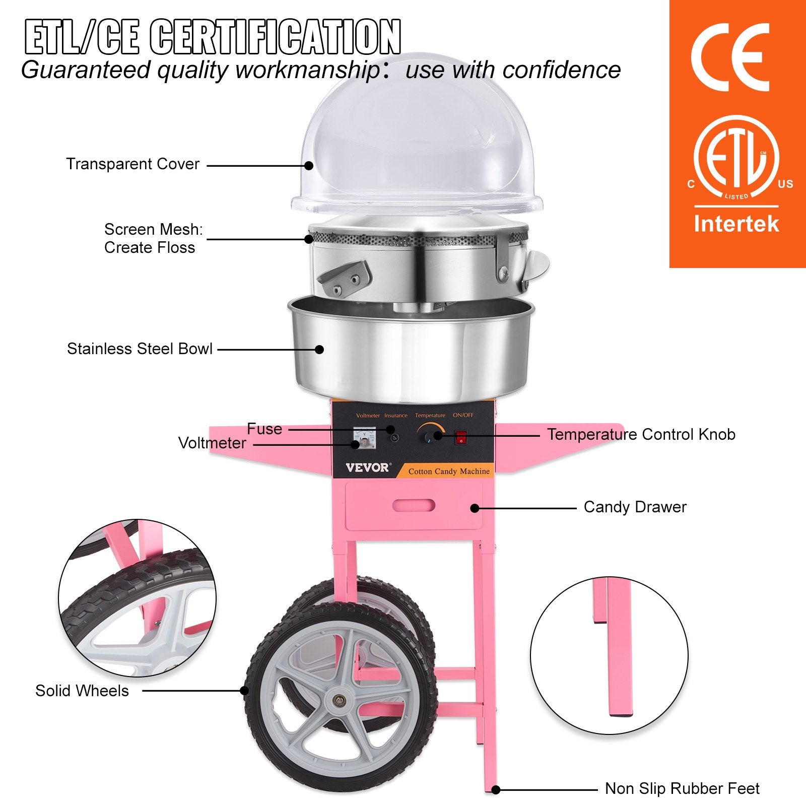 Commercial Cotton Candy Machine with Cart & Cover Sugar Floss Maker 1000W
