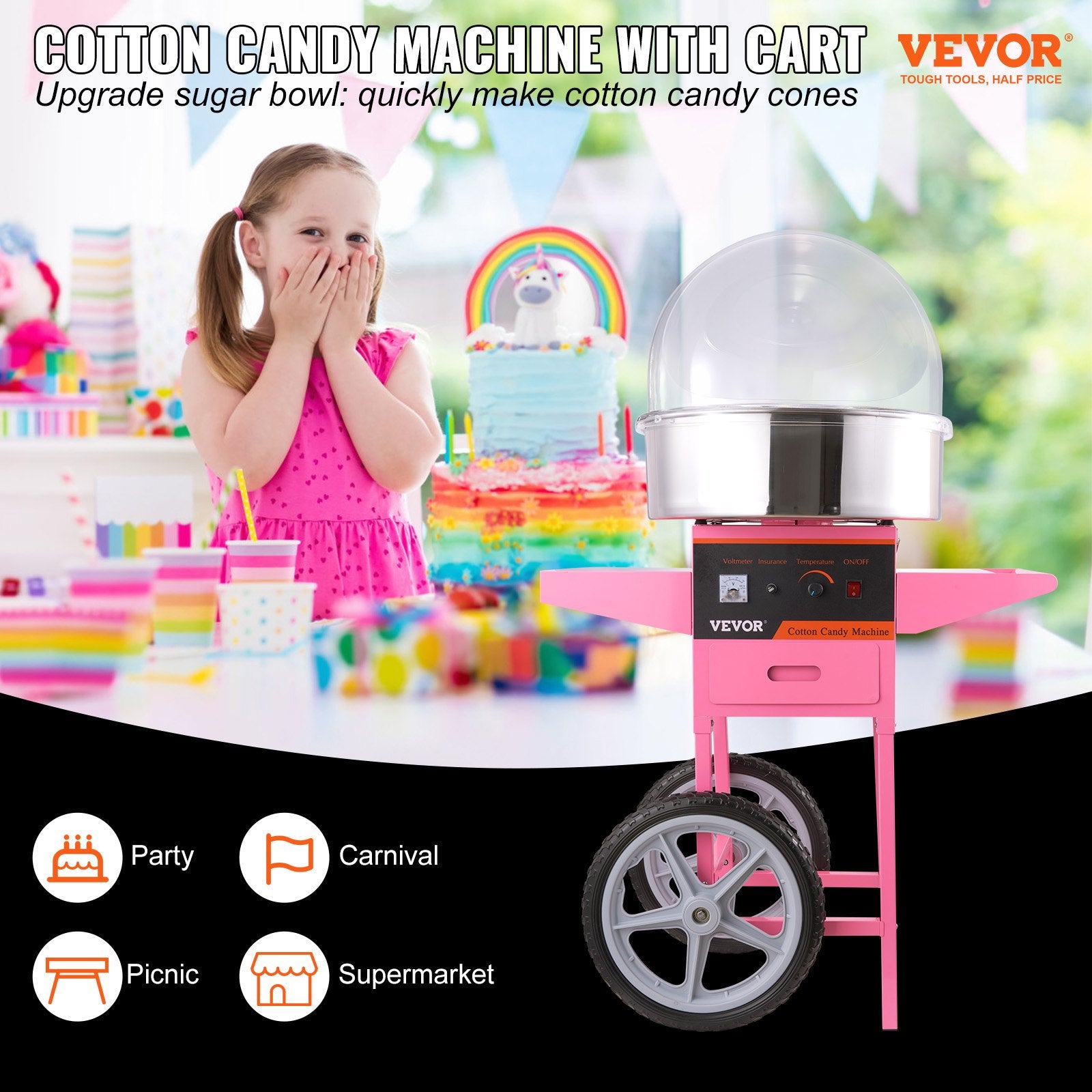 Commercial Cotton Candy Machine with Cart & Cover Sugar Floss Maker 1000W