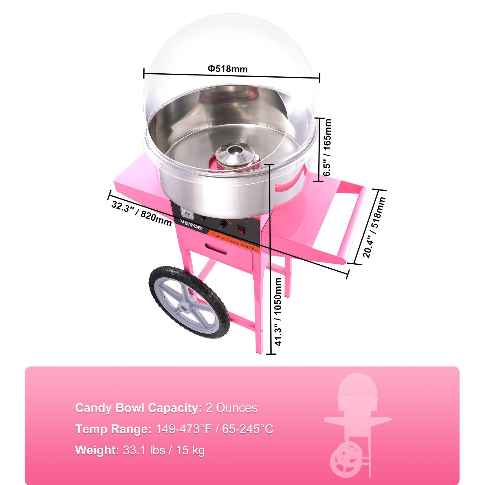 Commercial Cotton Candy Machine with Cart & Cover Sugar Floss Maker 1000W