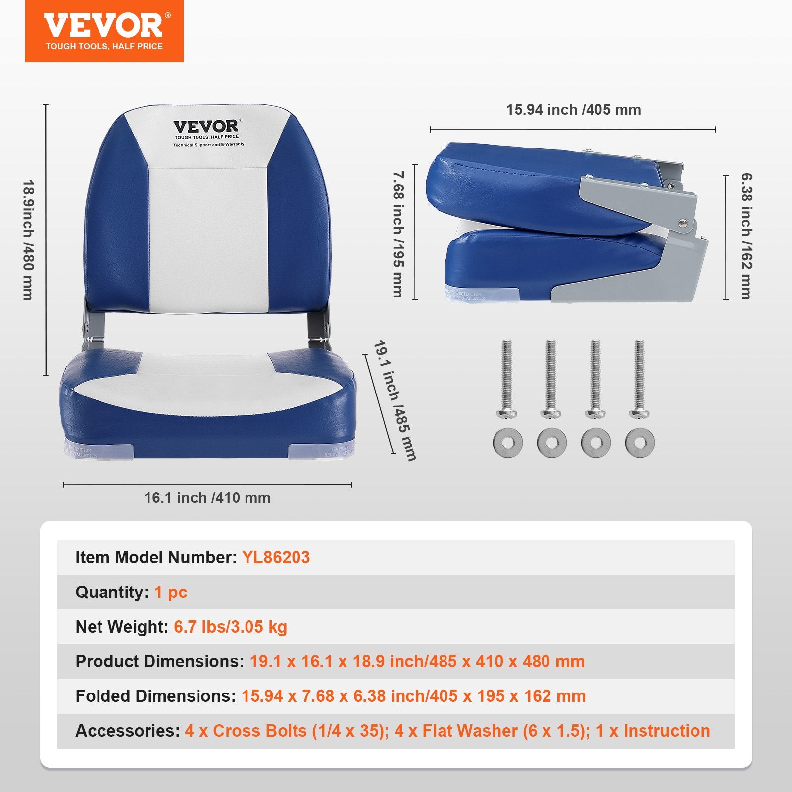 Boating Accessories: VEVOR Boat Seat Low Back Fold-Down Fishing Boat Chair with Sponge Padding 2 Pack