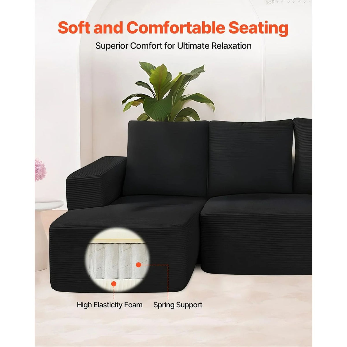 Modular Sectional Sofa, L Shaped Modular Sofa with Chaise, Cloud Sectional Couch with High Rebound Sponge and Density, Upholstered Corduroy Couch with Cushion for Living Room, Bedroom, Black