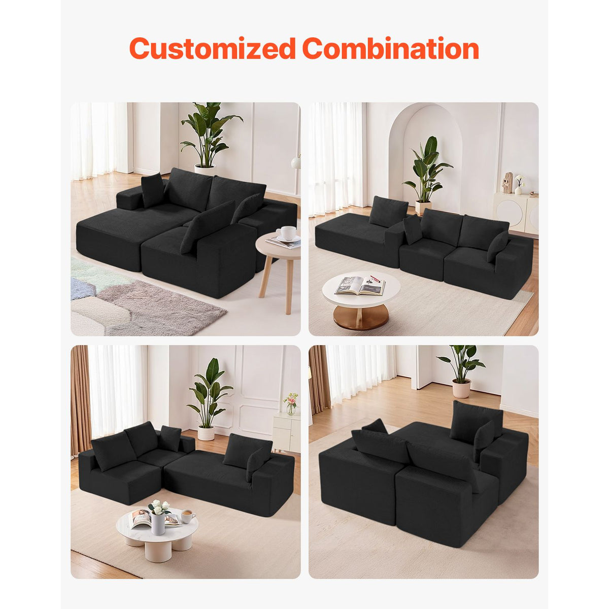 Modular Sectional Sofa, L Shaped Modular Sofa with Chaise, Cloud Sectional Couch with High Rebound Sponge and Density, Upholstered Corduroy Couch with Cushion for Living Room, Bedroom, Black