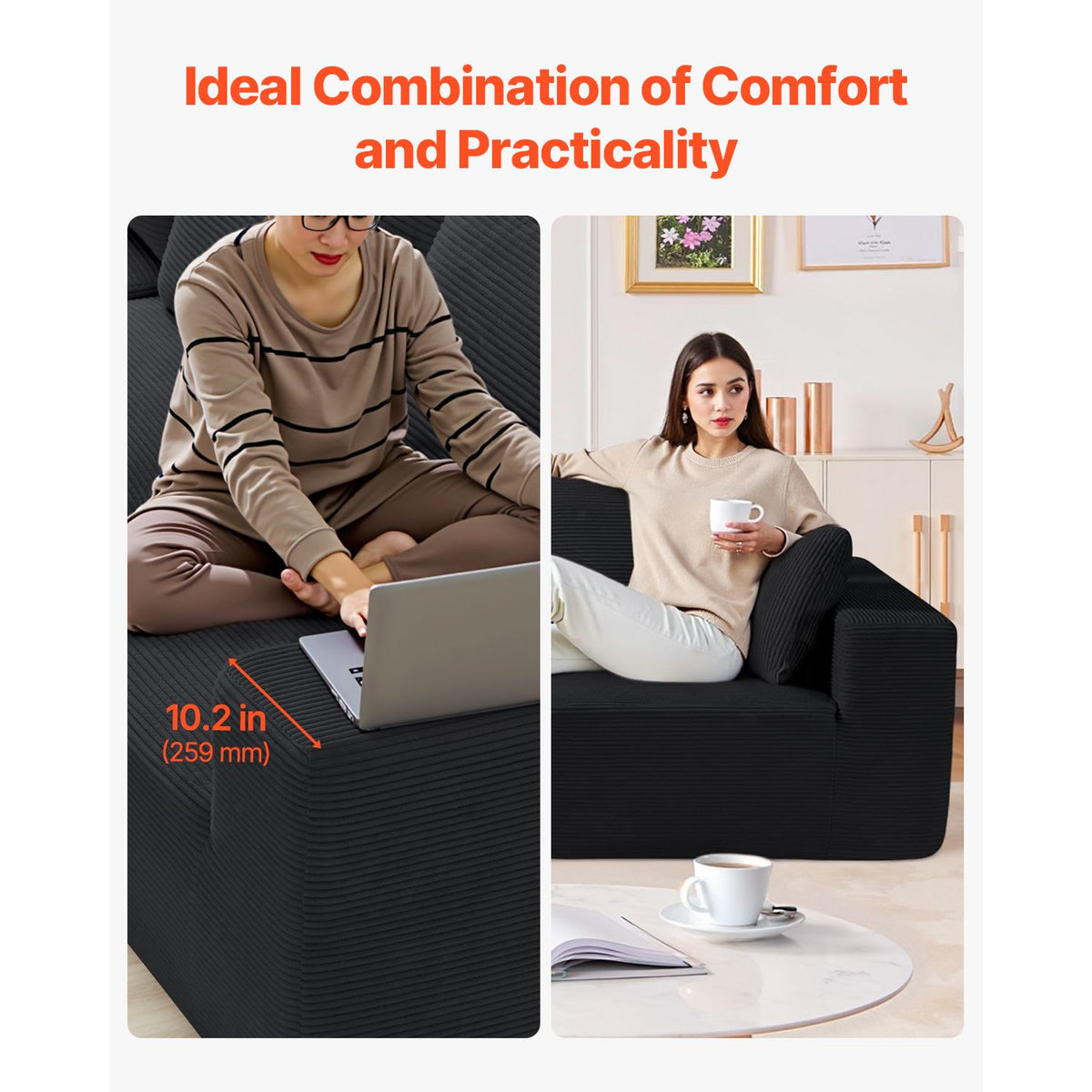 Modular Sectional Sofa, L Shaped Modular Sofa with Chaise, Cloud Sectional Couch with High Rebound Sponge and Density, Upholstered Corduroy Couch with Cushion for Living Room, Bedroom, Black