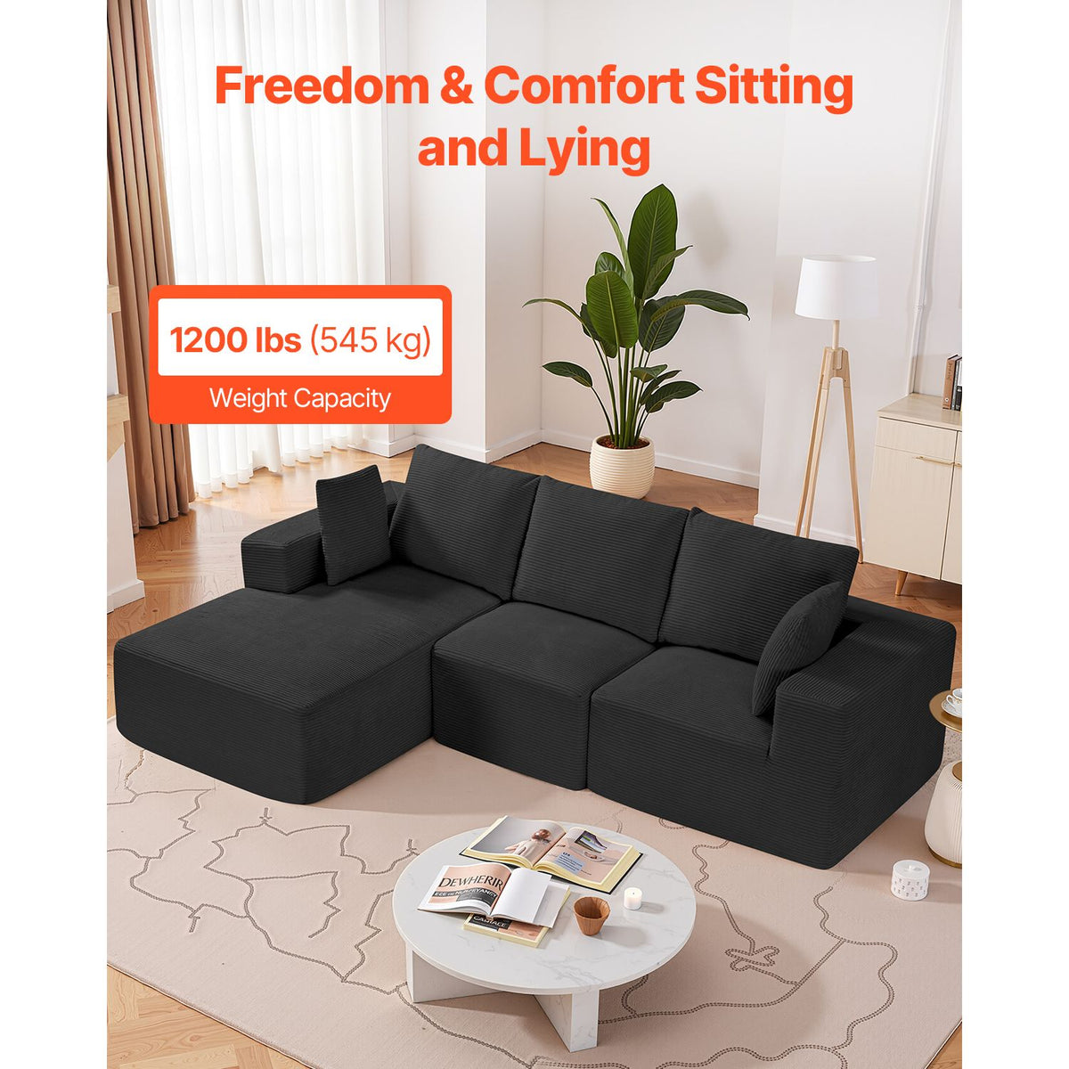 Modular Sectional Sofa, L Shaped Modular Sofa with Chaise, Cloud Sectional Couch with High Rebound Sponge and Density, Upholstered Corduroy Couch with Cushion for Living Room, Bedroom, Black