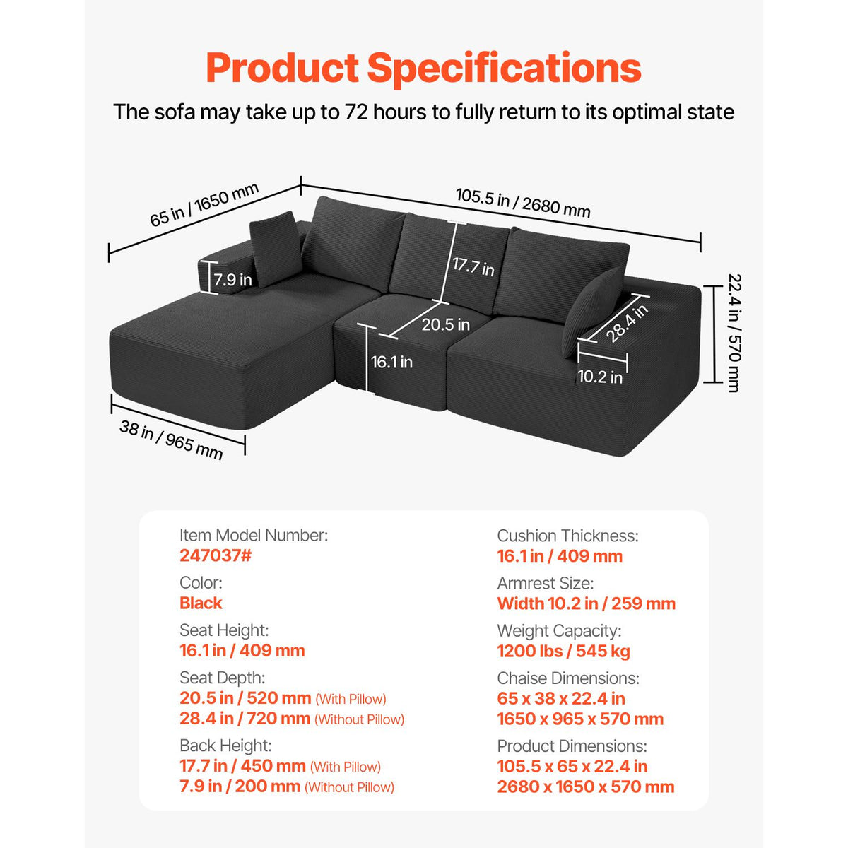 Modular Sectional Sofa, L Shaped Modular Sofa with Chaise, Cloud Sectional Couch with High Rebound Sponge and Density, Upholstered Corduroy Couch with Cushion for Living Room, Bedroom, Black