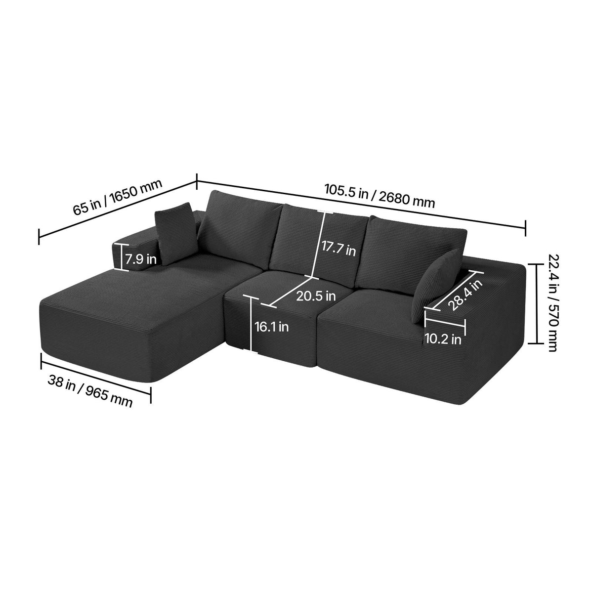 Modular Sectional Sofa, L Shaped Modular Sofa with Chaise, Cloud Sectional Couch with High Rebound Sponge and Density, Upholstered Corduroy Couch with Cushion for Living Room, Bedroom, Black