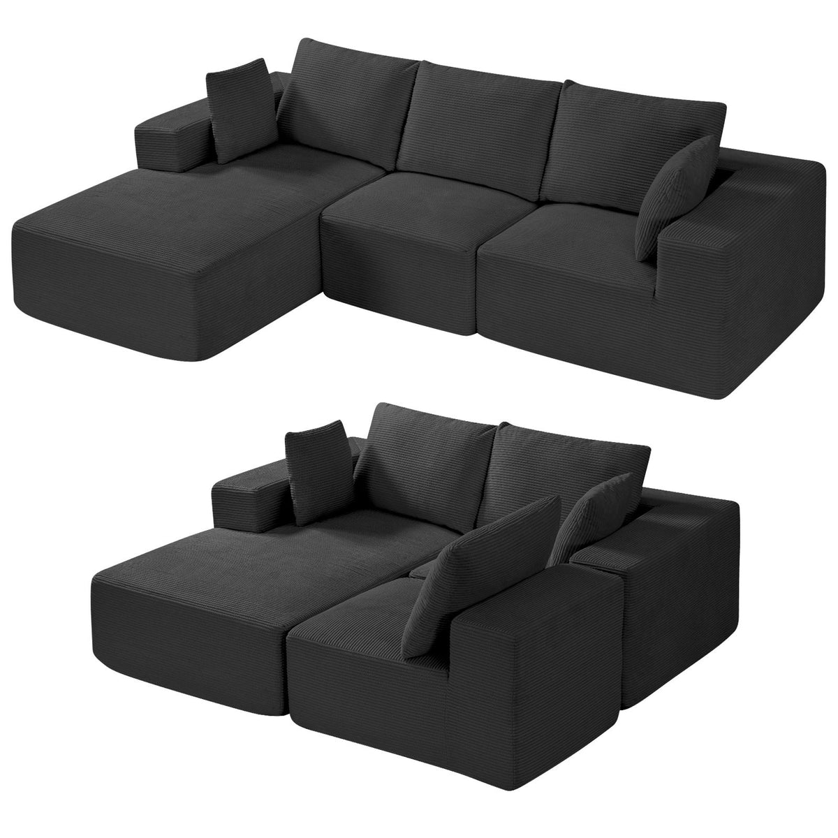 Modular Sectional Sofa, L Shaped Modular Sofa with Chaise, Cloud Sectional Couch with High Rebound Sponge and Density, Upholstered Corduroy Couch with Cushion for Living Room, Bedroom, Black