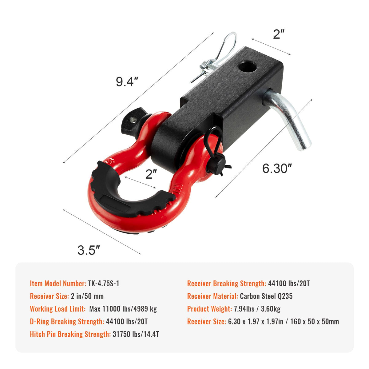 Shackle Hitch Receiver, Fits 50 mm Receivers, 20 Tons Breaking Strength, D Ring Shackle with Trailer Hitch Lock Pin, Heavy Duty Towing Accessories for Trucks, Jeeps, Off-Road Vehicle Recovery