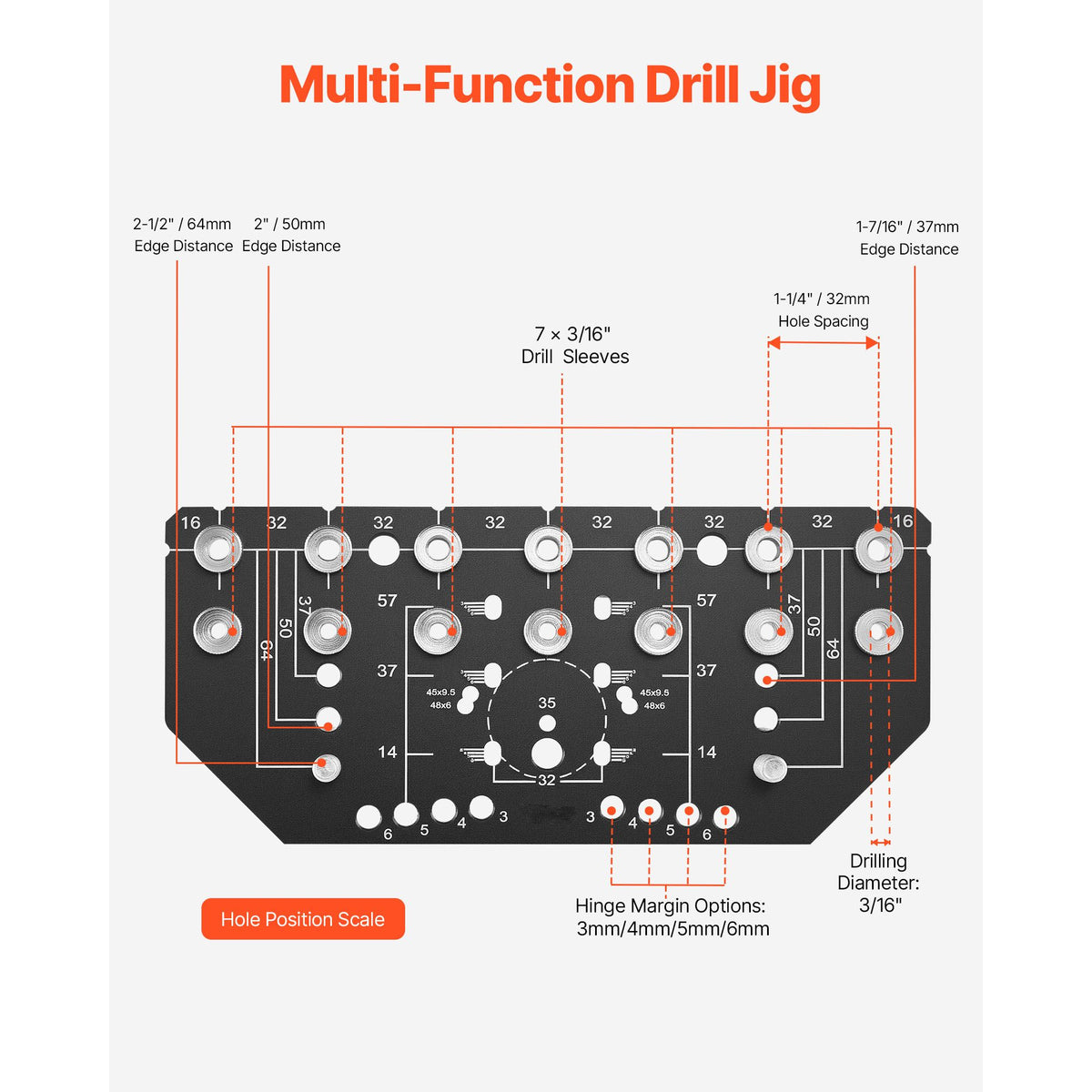 Shelf Pin Jig and Hinge Jig Two-in-One, Aluminum Alloy Cabinet Hardware Hole Drilling Template with 6.4 and 4.8 mm Drill Bits, for Cabinet Doors Bookshelves Wardrobes Woodworking and DIY