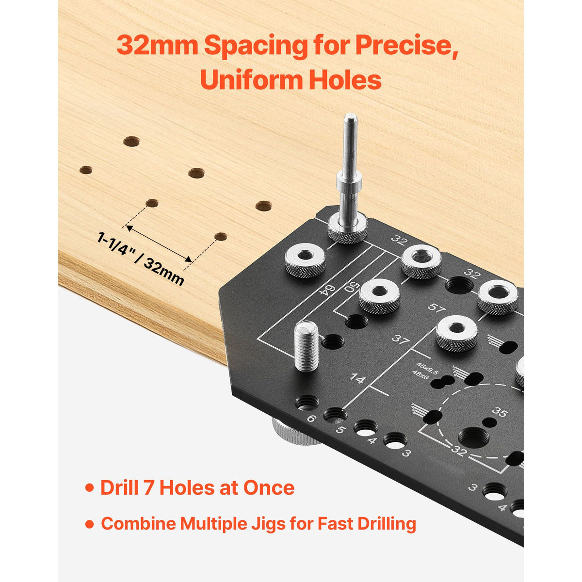Shelf Pin Jig and Hinge Jig Two-in-One, Aluminum Alloy Cabinet Hardware Hole Drilling Template with 6.4 and 4.8 mm Drill Bits, for Cabinet Doors Bookshelves Wardrobes Woodworking and DIY