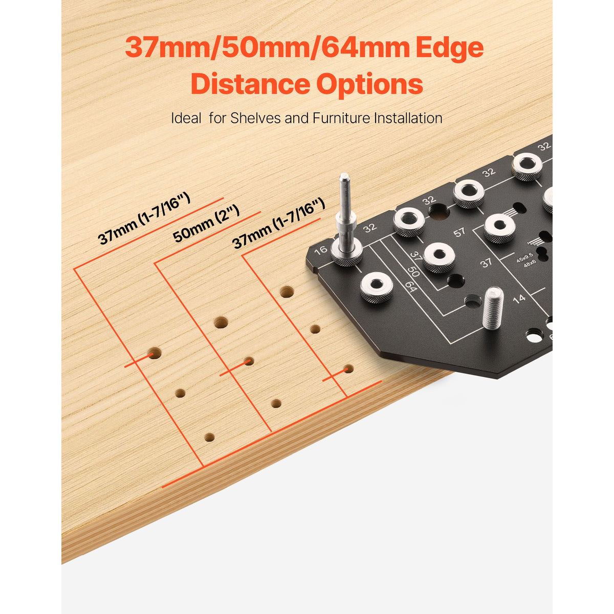 Shelf Pin Jig and Hinge Jig Two-in-One, Aluminum Alloy Cabinet Hardware Hole Drilling Template with 6.4 and 4.8 mm Drill Bits, for Cabinet Doors Bookshelves Wardrobes Woodworking and DIY