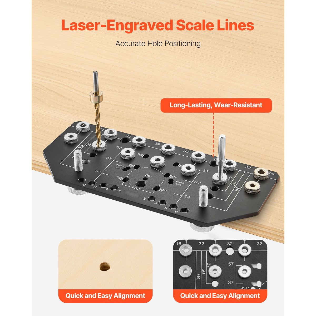 Shelf Pin Jig and Hinge Jig Two-in-One, Aluminum Alloy Cabinet Hardware Hole Drilling Template with 6.4 and 4.8 mm Drill Bits, for Cabinet Doors Bookshelves Wardrobes Woodworking and DIY