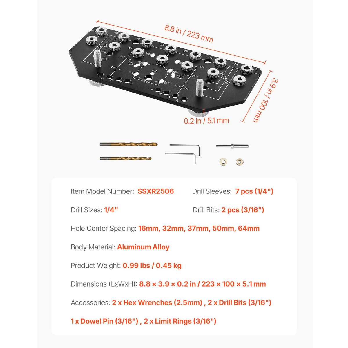 Shelf Pin Jig and Hinge Jig Two-in-One, Aluminum Alloy Cabinet Hardware Hole Drilling Template with 6.4 and 4.8 mm Drill Bits, for Cabinet Doors Bookshelves Wardrobes Woodworking and DIY